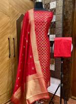 Pure Chanderi Red Casual Wear Weaving Dress Material